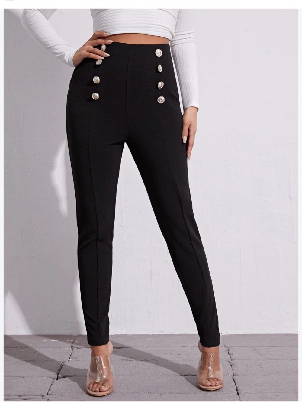 SHEIN Black High-Rise Skinny Ponte Pants with Gold Buttons